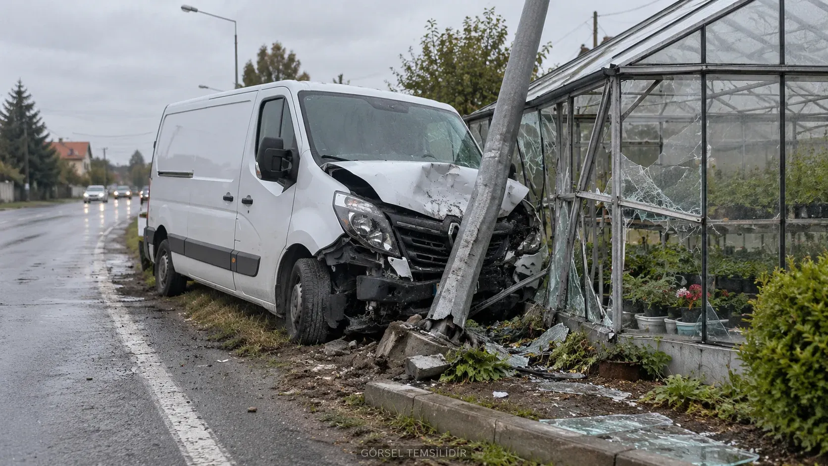 Gazipaşa’da kontrolden çıkan panelvan önce direğe sonra seraya çarptı.