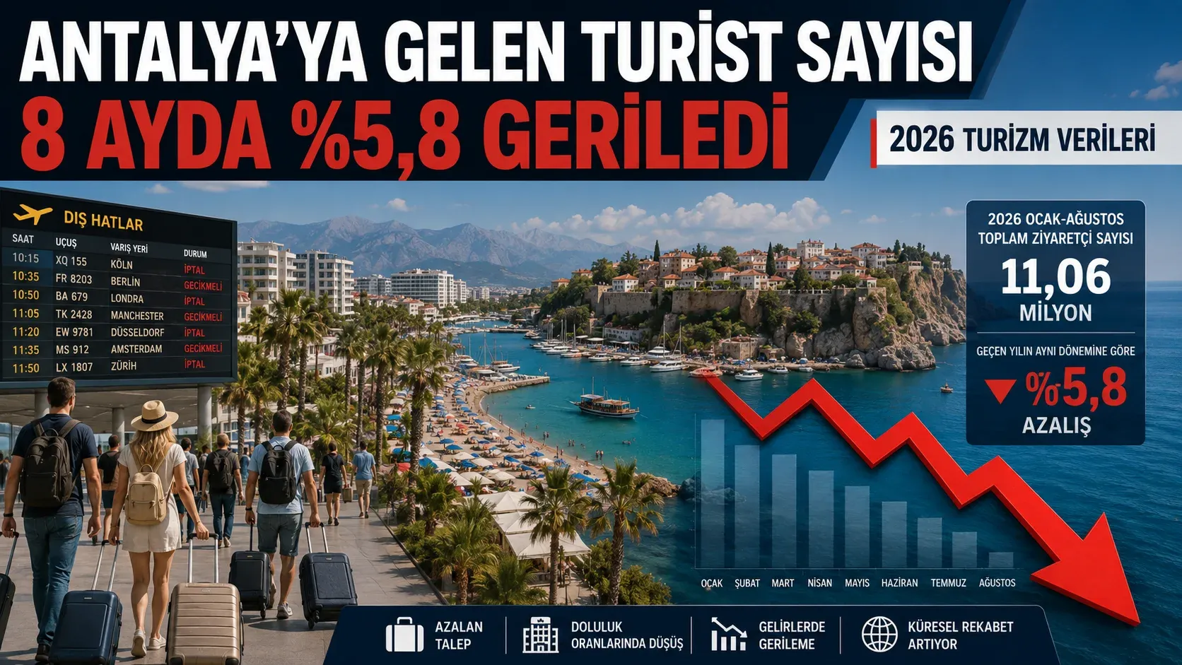 Турпоток в Анталью снизился на 5,8% за первые восемь месяцев 2026 года