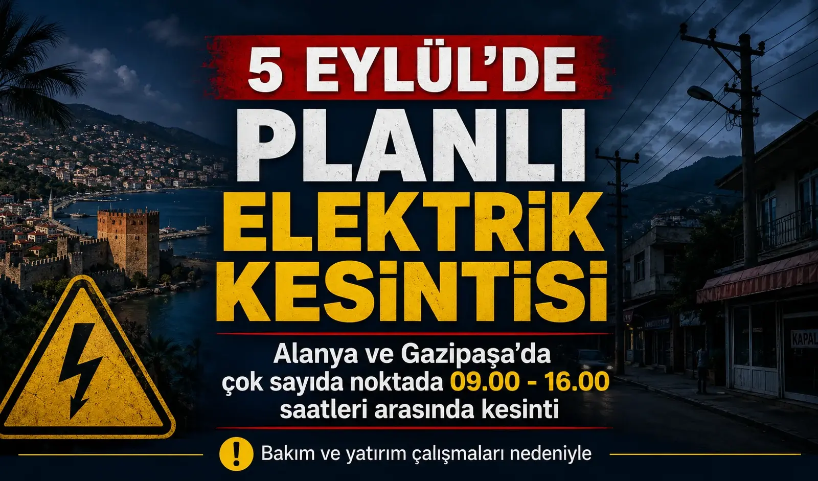 Alanya ve Gazipaşa’da 5 Eylül elektrik kesintisi: İşte etkilenecek bölgeler