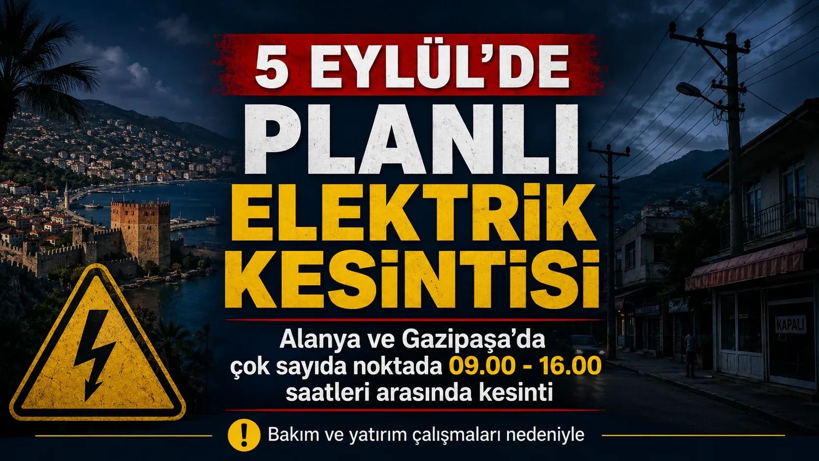 Alanya ve Gazipaşa’da 5 Eylül elektrik kesintisi: İşte etkilenecek bölgeler