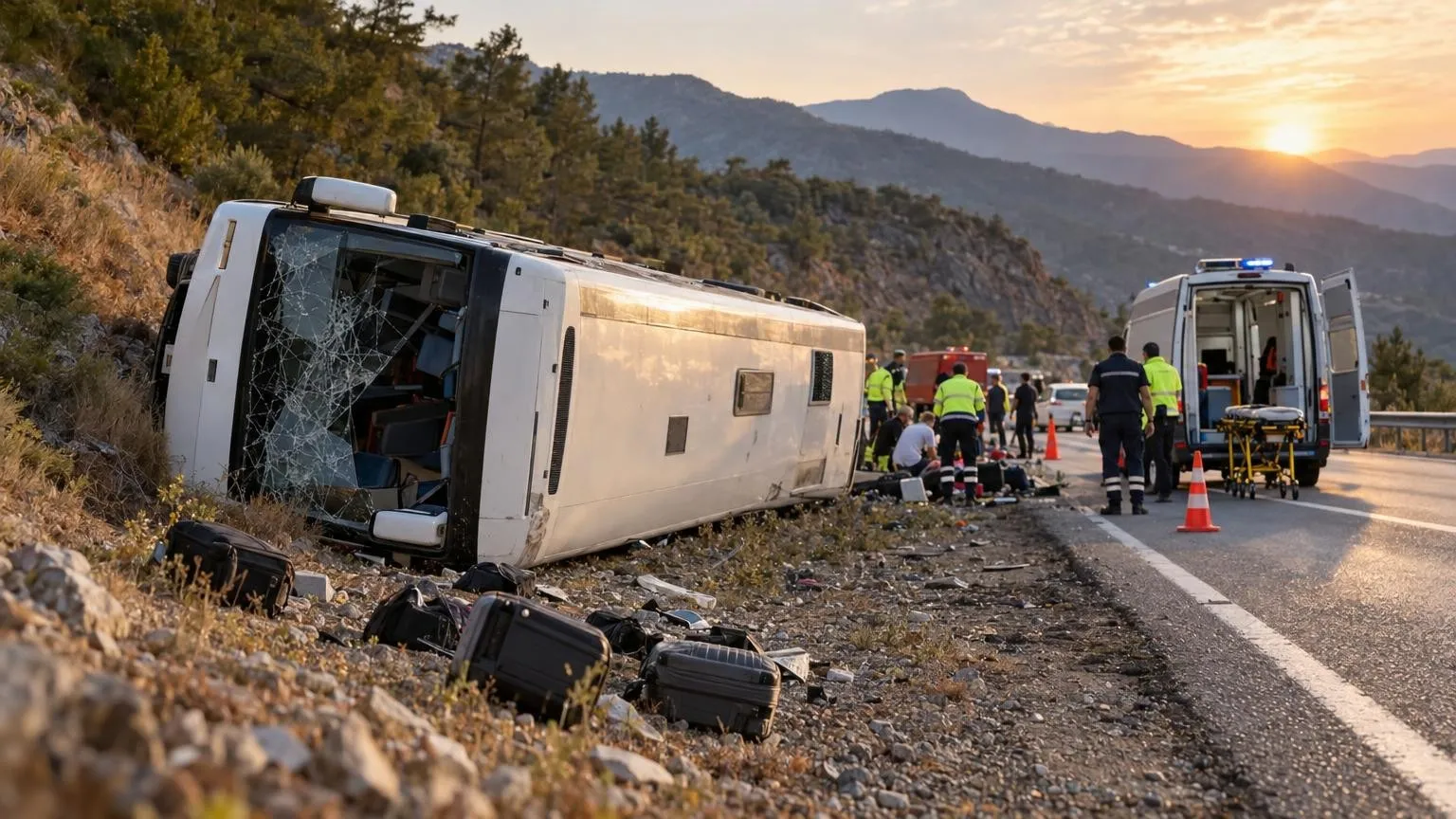 Antalya-Isparta yolunda otobüs devrildi: 17 yaralı, birinin durumu ağır — Yapay zekâ ile oluşturulmuş temsili görsel