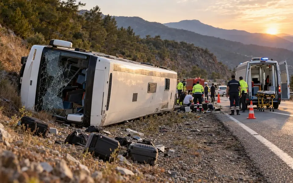 Antalya-Isparta yolunda otobüs devrildi: 17 yaralı, birinin durumu ağır — Yapay zekâ ile oluşturulmuş temsili görsel