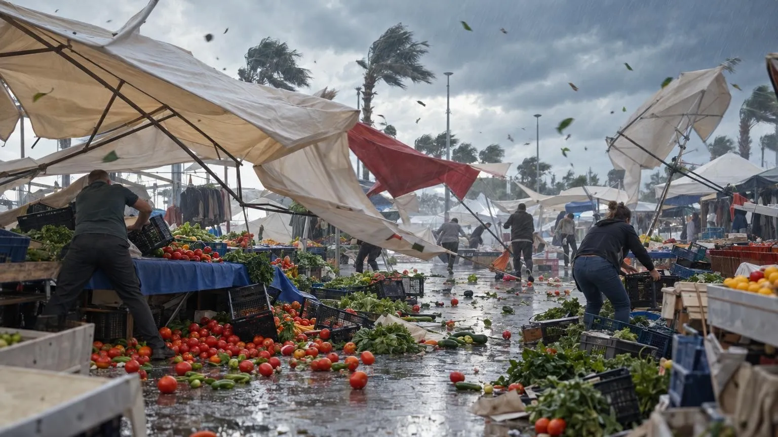 Antalya'da ani rüzgar pazardaki tenteleri uçurdu, eşyalar savruldu — Yapay zekâ ile oluşturulmuş temsili görsel