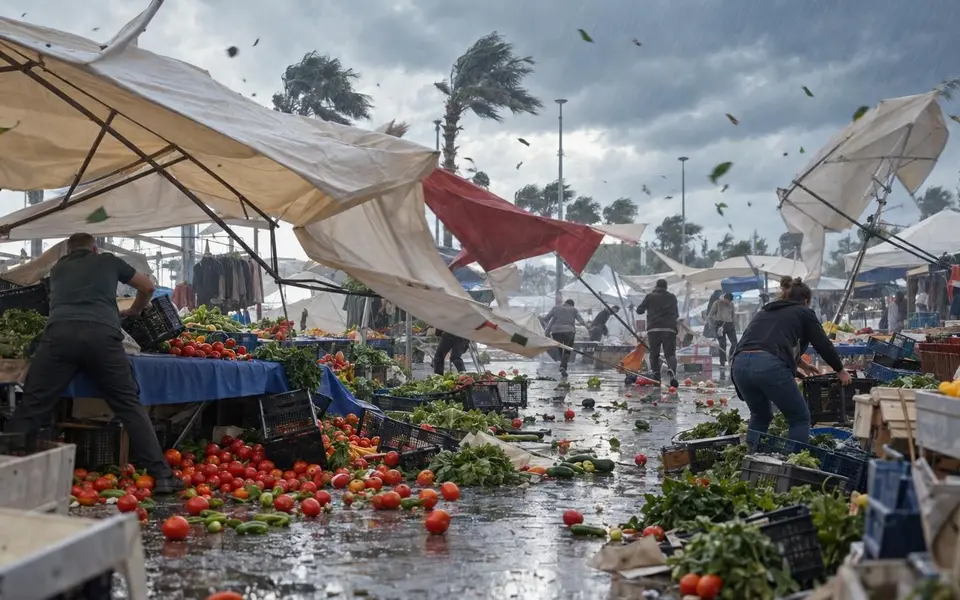 Antalya'da ani rüzgar pazardaki tenteleri uçurdu, eşyalar savruldu — Yapay zekâ ile oluşturulmuş temsili görsel