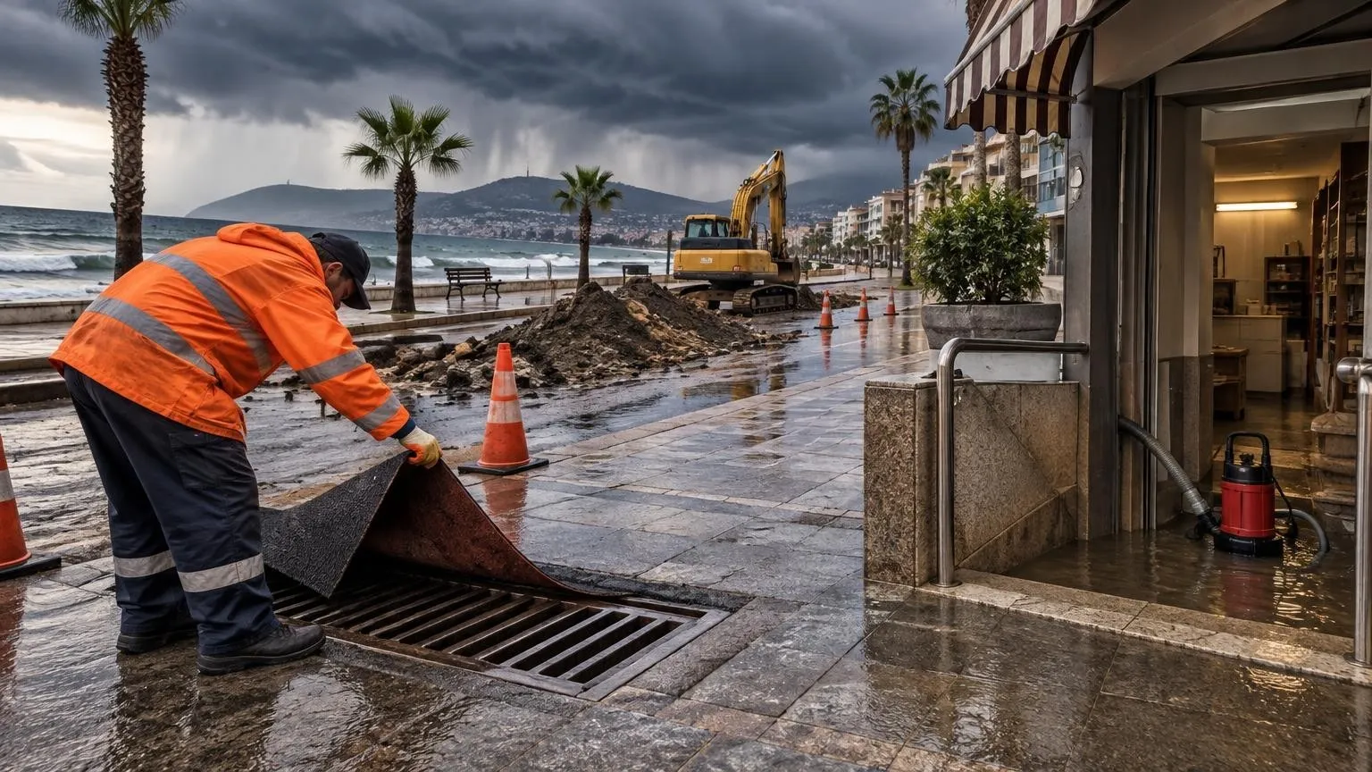Alanya’da yağış öncesi esnafa uyarı: Mazgalları kapatan malzemeleri kaldırın — Yapay zekâ ile oluşturulmuş temsili görsel