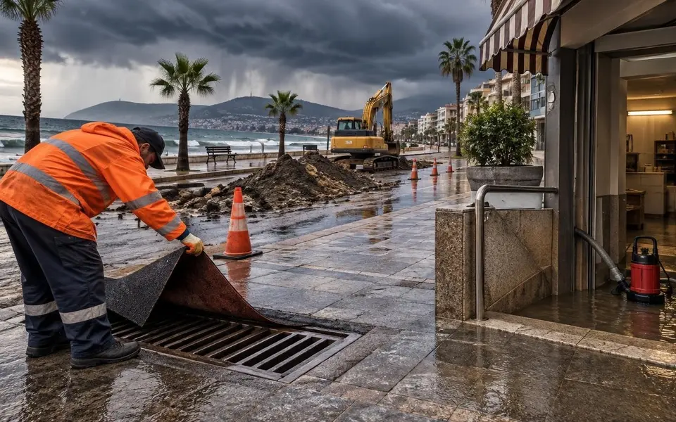 Alanya’da yağış öncesi esnafa uyarı: Mazgalları kapatan malzemeleri kaldırın — Yapay zekâ ile oluşturulmuş temsili görsel