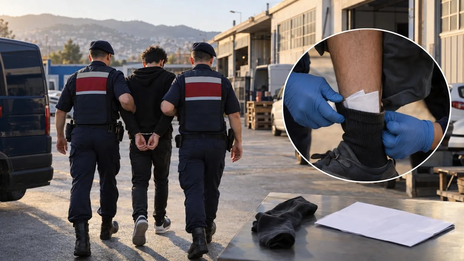 Alanya’da çorabında kâğıda emdirilmiş uyuşturucu bulunan şüpheli tutuklandı — Yapay zekâ ile oluşturulmuş temsili görsel