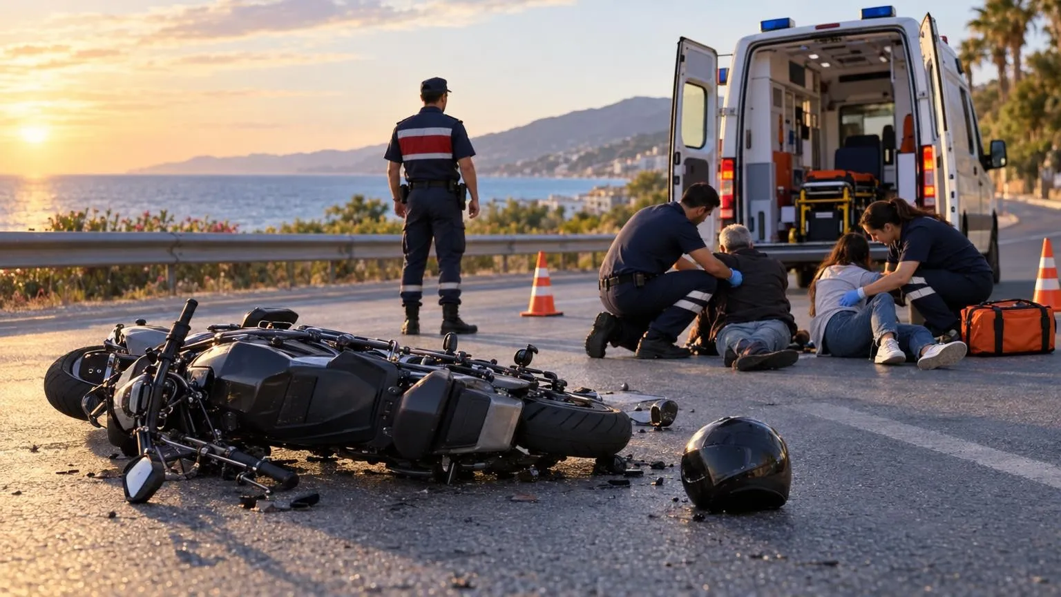 Alanya Konaklı’da motosiklet devrildi: Sürücü ve yolcu yaralandı — Yapay zekâ ile oluşturulmuş temsili görsel