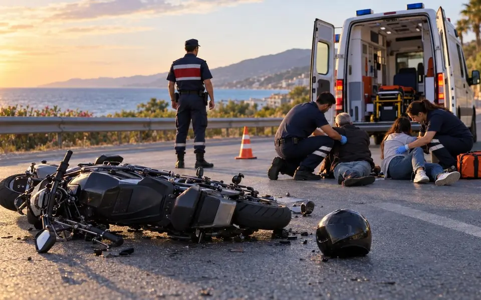 Alanya Konaklı’da motosiklet devrildi: Sürücü ve yolcu yaralandı — Yapay zekâ ile oluşturulmuş temsili görsel