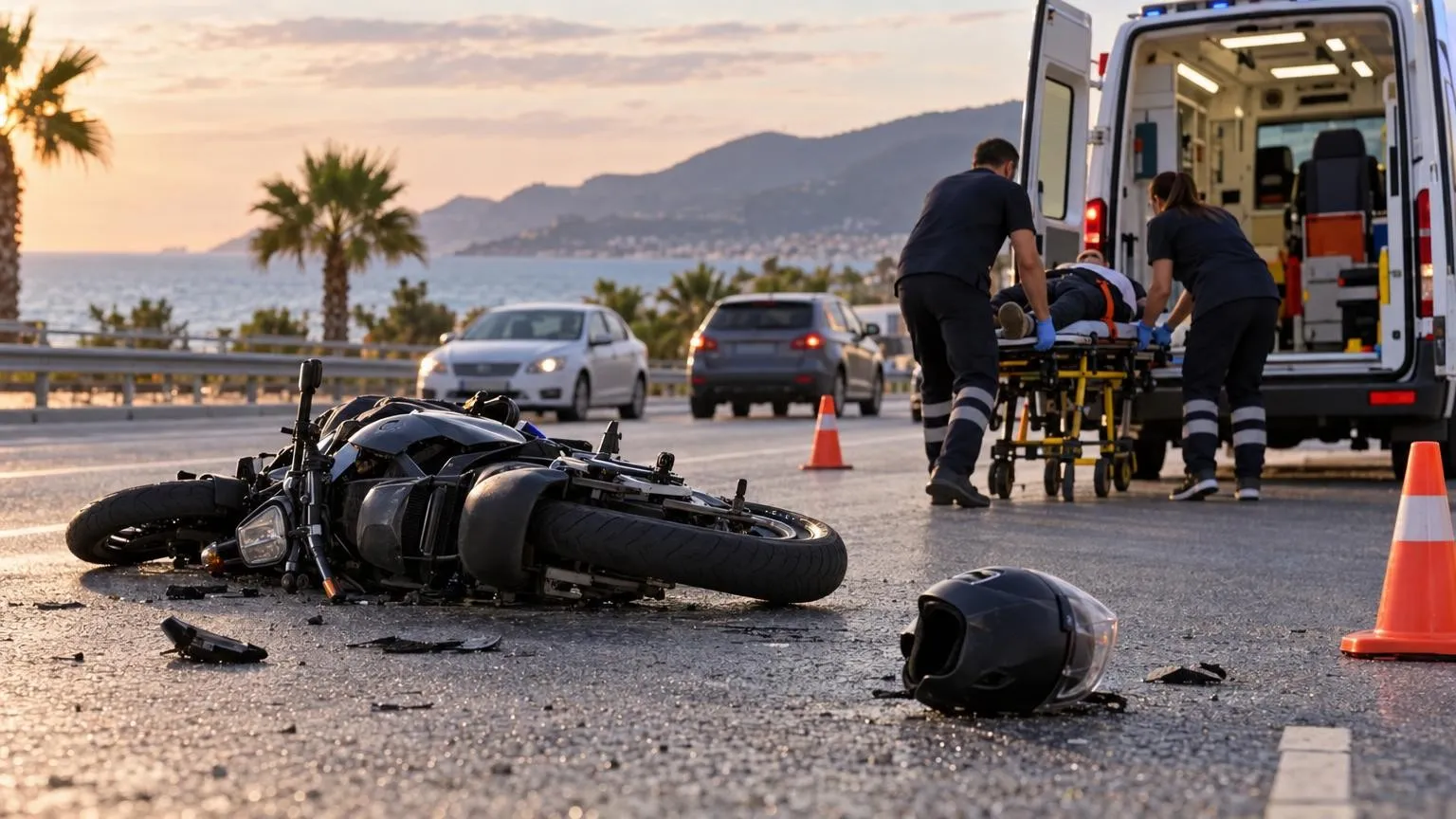 Alanya’da yola savrulan motosikletin sürücüsü hastaneye kaldırıldı — Yapay zekâ ile oluşturulmuş temsili görsel