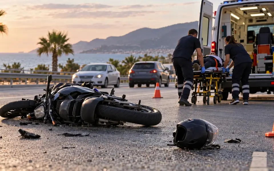 Alanya’da yola savrulan motosikletin sürücüsü hastaneye kaldırıldı — Yapay zekâ ile oluşturulmuş temsili görsel