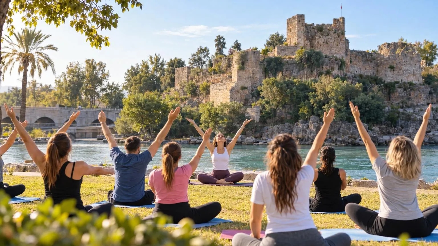 Manavgat’ta Zindan Kalesi önünde iki gün nefes egzersizi ve pilates — Yapay zekâ ile oluşturulmuş temsili görsel