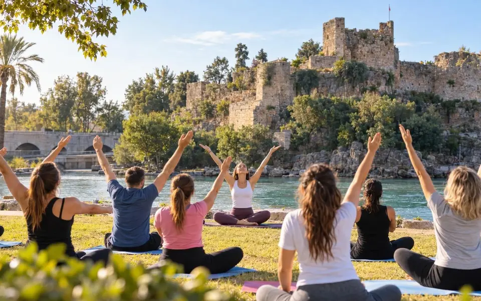Manavgat’ta Zindan Kalesi önünde iki gün nefes egzersizi ve pilates — Yapay zekâ ile oluşturulmuş temsili görsel