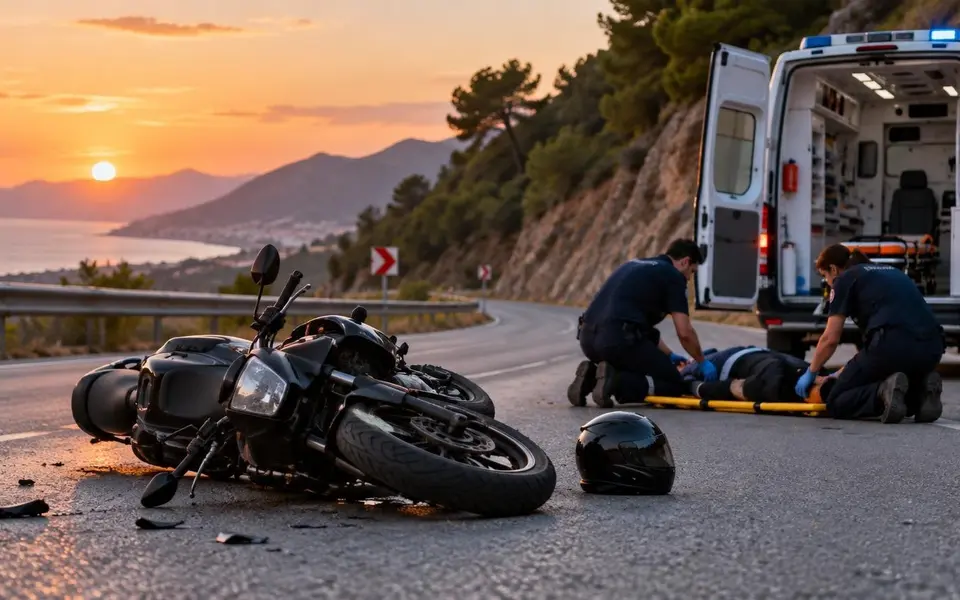 Alanya Sapadere’de motosikletten savrulan yolcu hastaneye kaldırıldı — Yapay zekâ ile oluşturulmuş temsili görsel