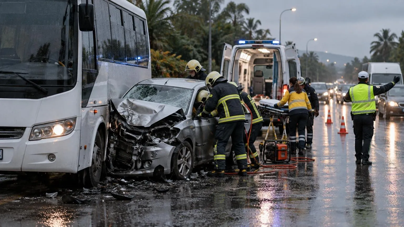 Manavgat’ta otomobil ile servis midibüsü çarpıştı: Bir sürücü yaralandı — Yapay zekâ ile oluşturulmuş temsili görsel