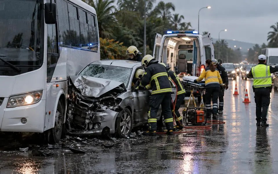 Manavgat’ta otomobil ile servis midibüsü çarpıştı: Bir sürücü yaralandı — Yapay zekâ ile oluşturulmuş temsili görsel