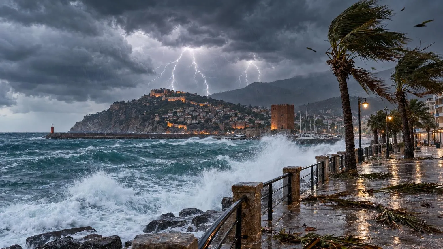 Alanya'da kuvvetli sağanak ve fırtına bekleniyor: Uyarı saat 22.00'ye kadar — Yapay zekâ ile oluşturulmuş temsili görsel