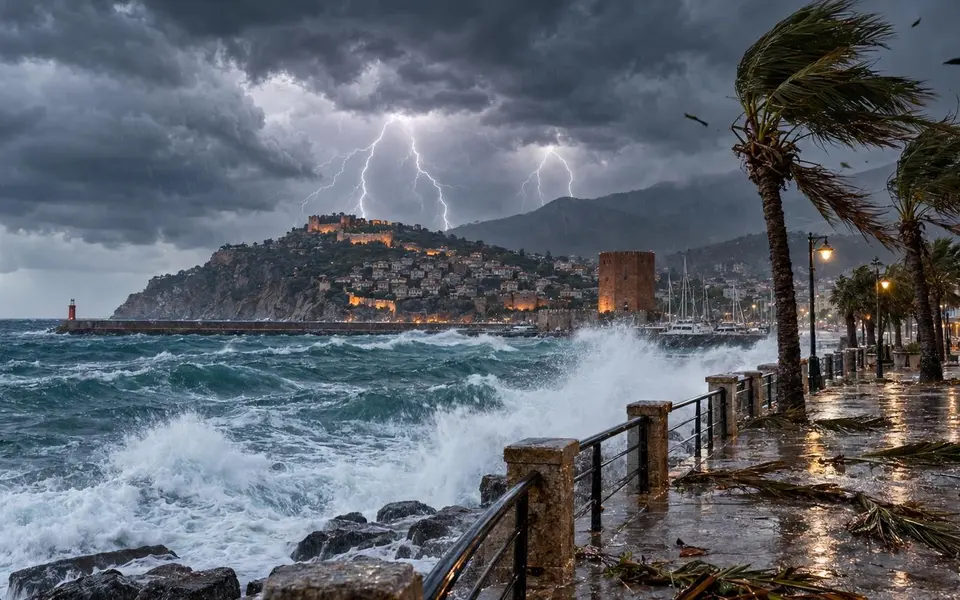 Alanya'da kuvvetli sağanak ve fırtına bekleniyor: Uyarı saat 22.00'ye kadar — Yapay zekâ ile oluşturulmuş temsili görsel