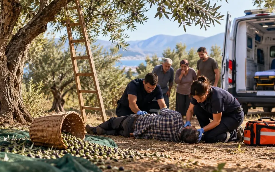Alanya'da zeytin toplarken ağaçtan düşen A.A. hastanede tedaviye alındı — Yapay zekâ ile oluşturulmuş temsili görsel