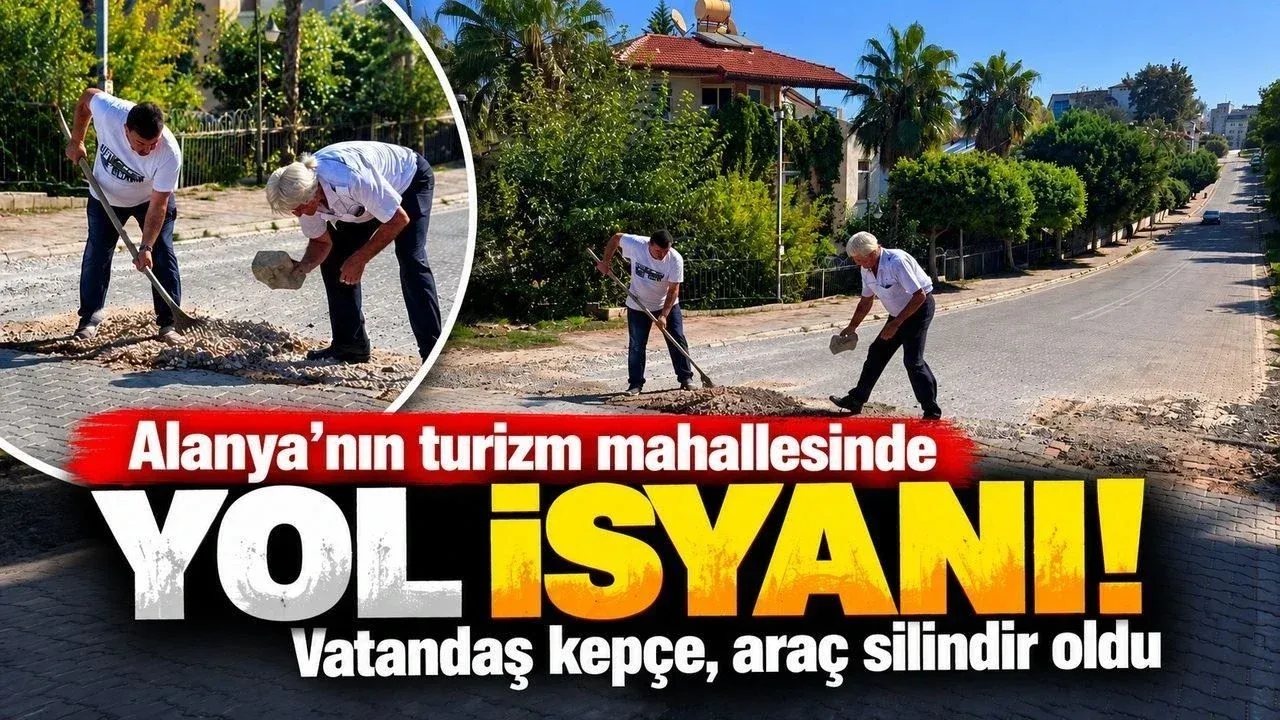 Alanya Okurcalar'da yol tepkisi: İki kişi bozuk zemine müdahale etti