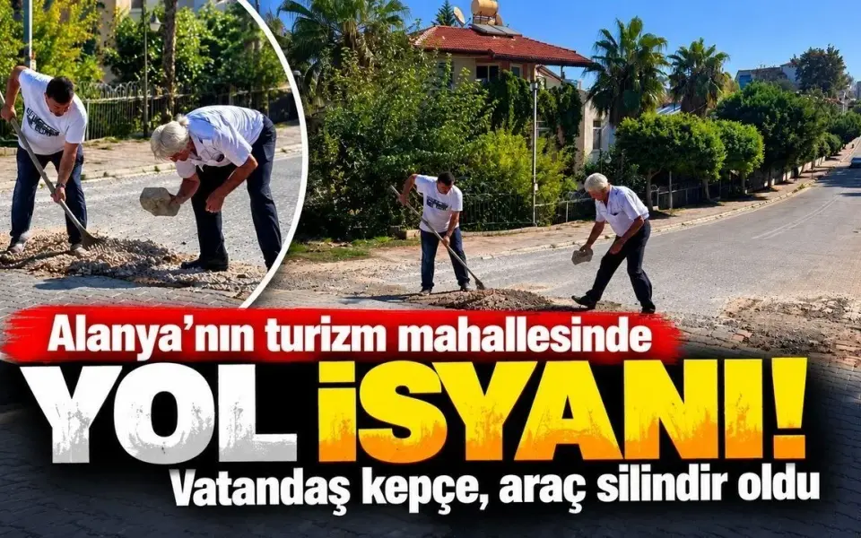 Alanya Okurcalar'da yol tepkisi: İki kişi bozuk zemine müdahale etti